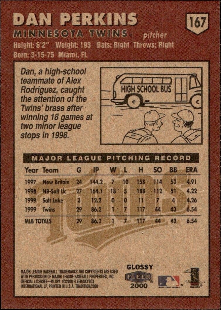 2000 Fleer Tradition Glossy Dan Perkins #167 baseball trading card back