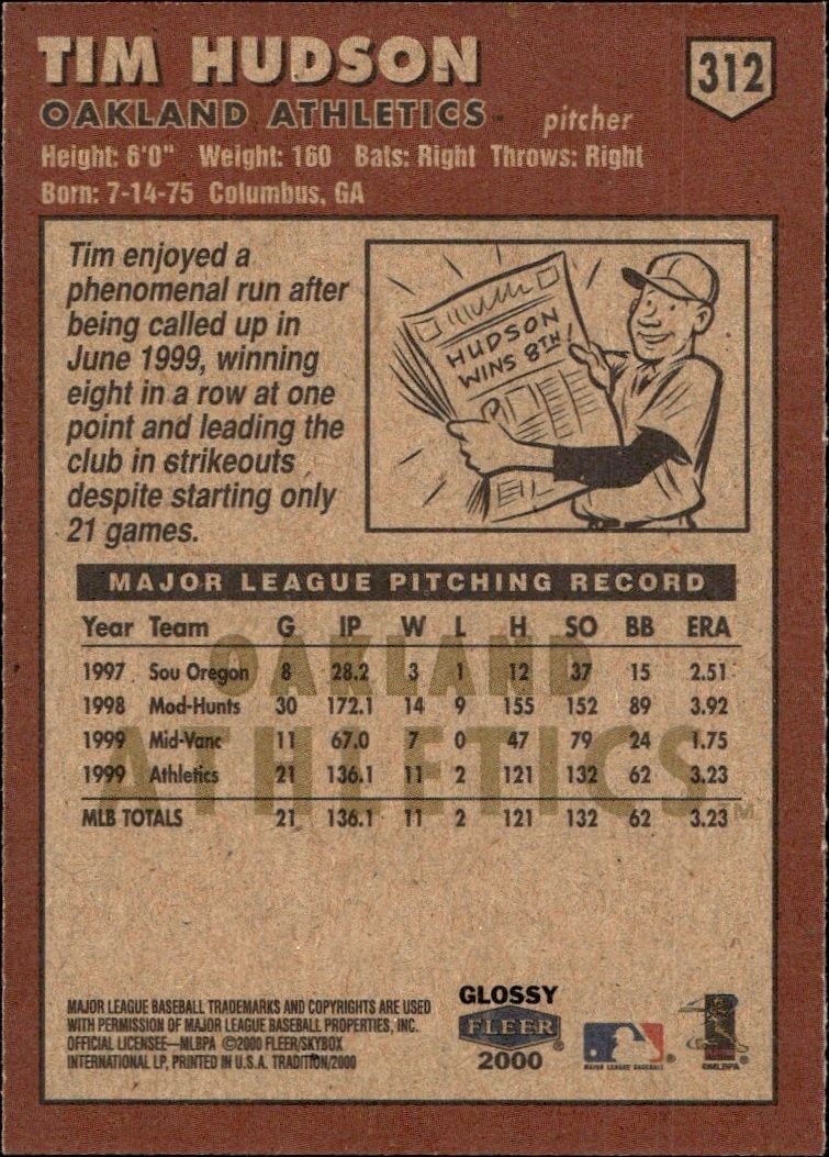 2000 Fleer Tradition Glossy Tim Hudson #312 baseball trading card back