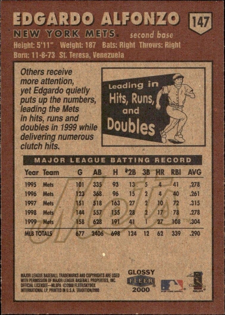 2000 Fleer Tradition Glossy Edgardo Alfonzo #147 baseball trading card back
