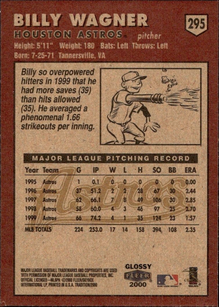 2000 Fleer Tradition Glossy Billy Wagner #295 baseball trading card back