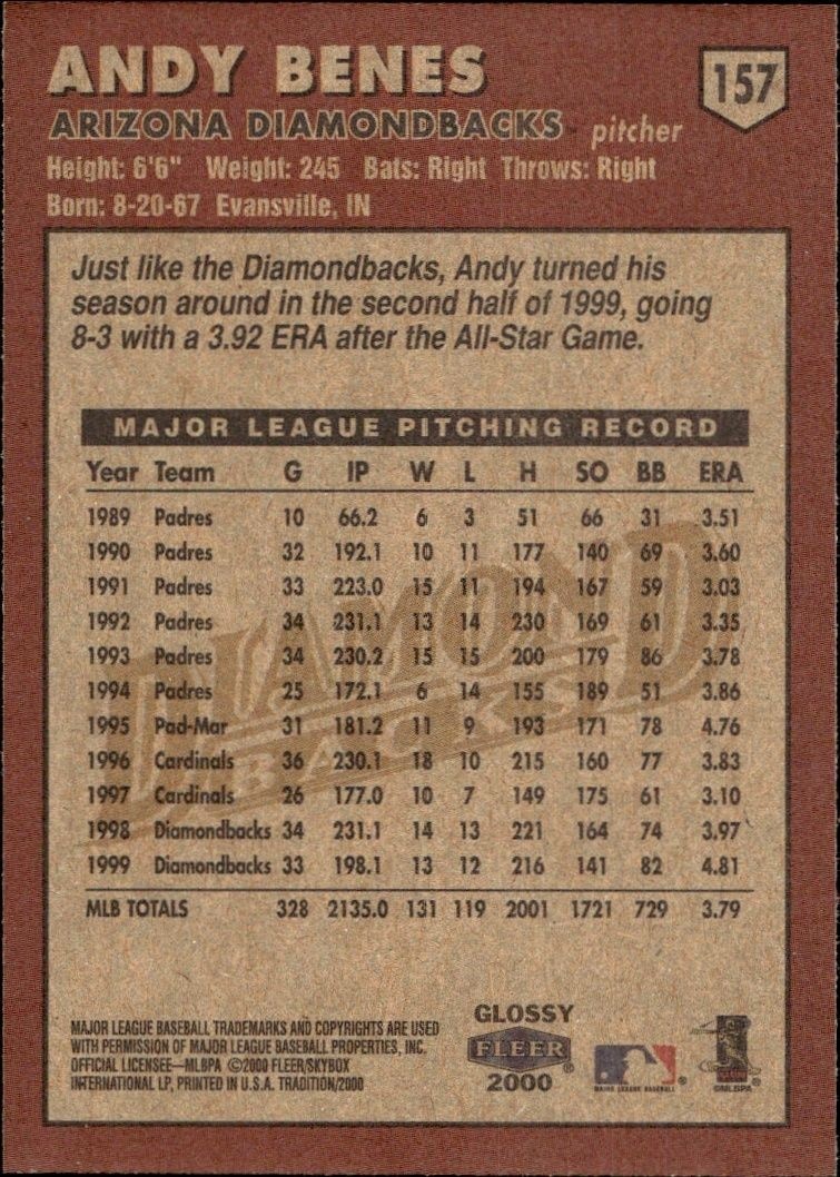 2000 Fleer Tradition Glossy Andy Benes #157 baseball trading card back