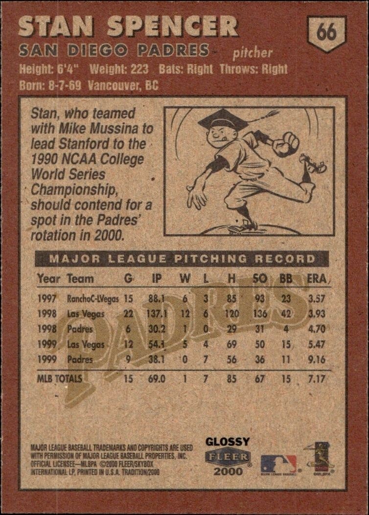 2000 Fleer Tradition Glossy Stan Spencer #66 baseball trading card back
