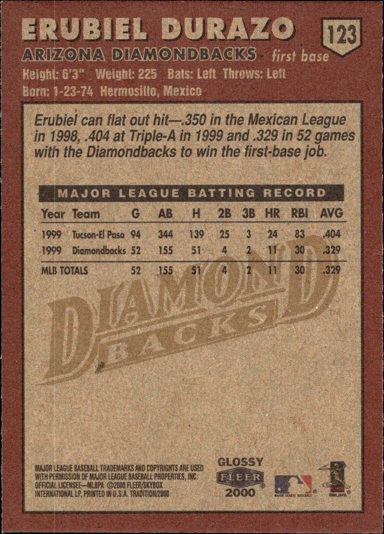 2000 Fleer Tradition Glossy Erubiel Durazo #123 baseball trading card back