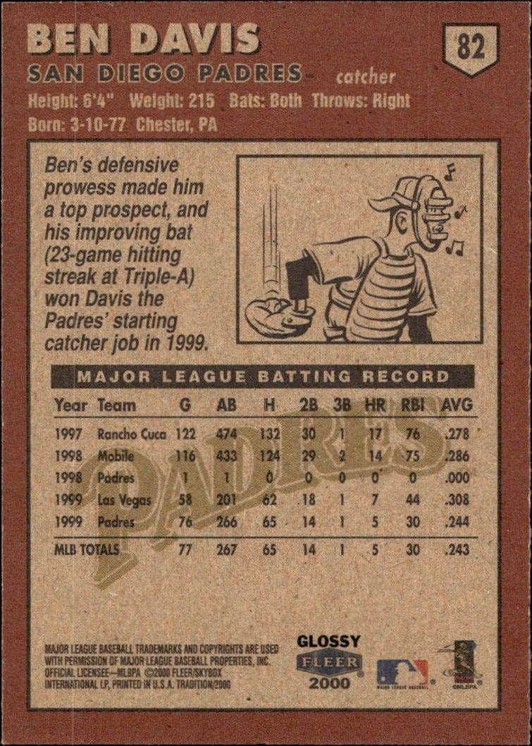 2000 Fleer Tradition Glossy Ben Davis #82 baseball trading card back