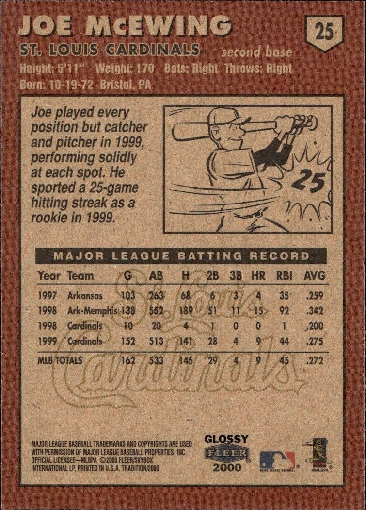 2000 Fleer Tradition Glossy Joe McEwing #25 baseball trading card back