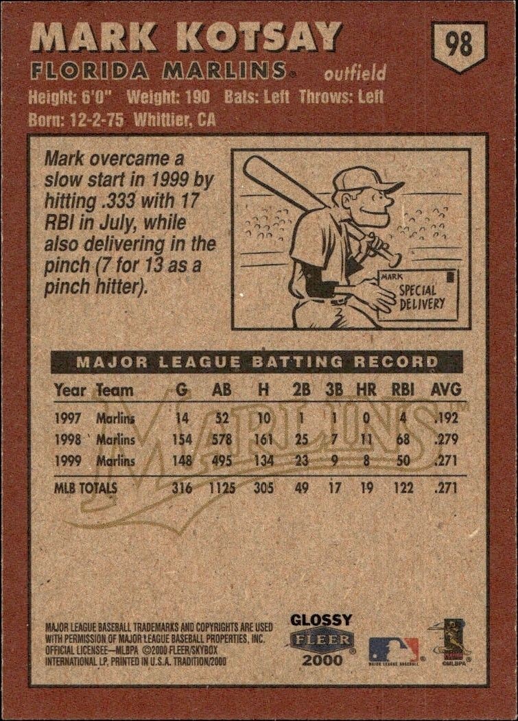 2000 Fleer Tradition Glossy Mark Kotsay #98 baseball trading card back