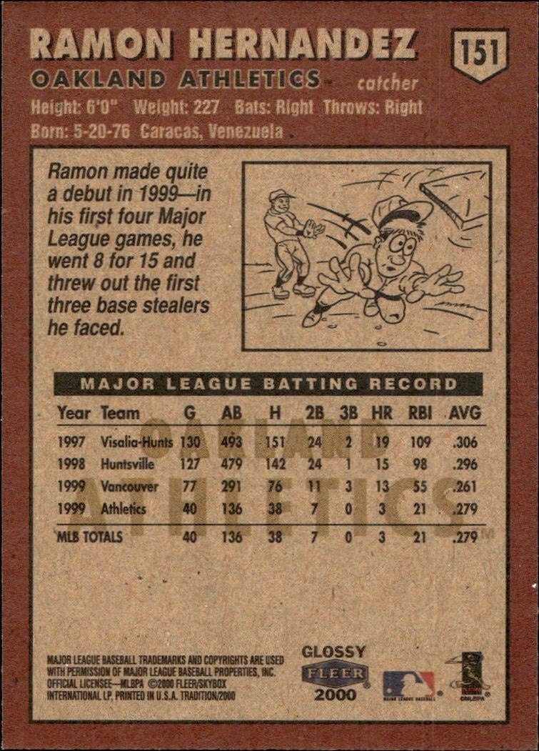 2000 Fleer Tradition Glossy Ramon Hernandez #151 baseball trading card back