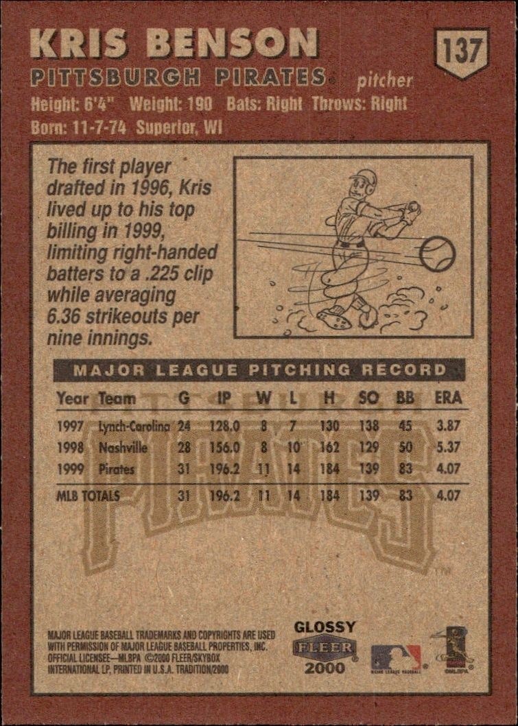 2000 Fleer Tradition Glossy Kris Benson #137 baseball trading card back