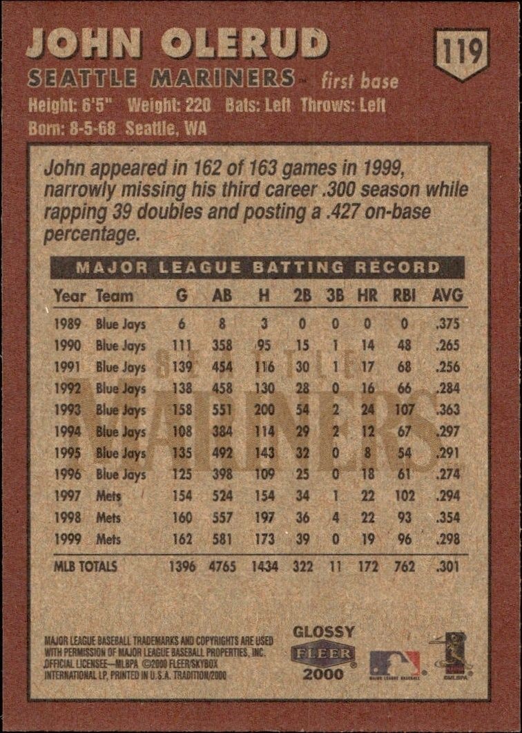 2000 Fleer Tradition Glossy John Olerud #119 baseball trading card back
