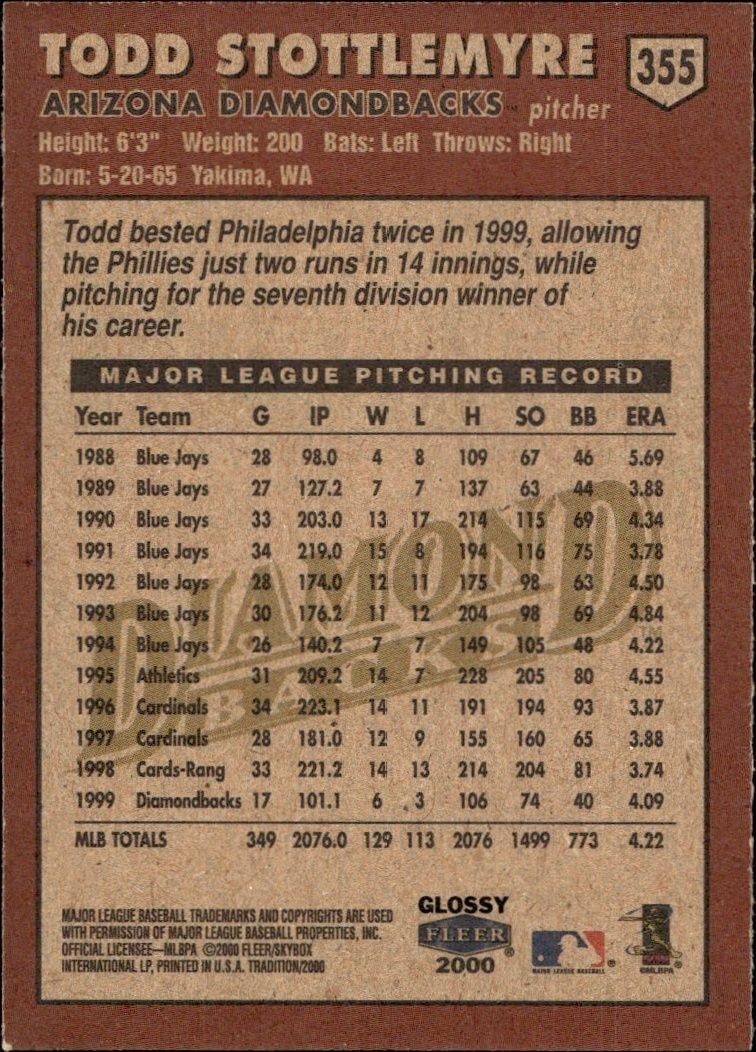 2000 Fleer Tradition Glossy Todd Stottlemyre #355 baseball trading card back