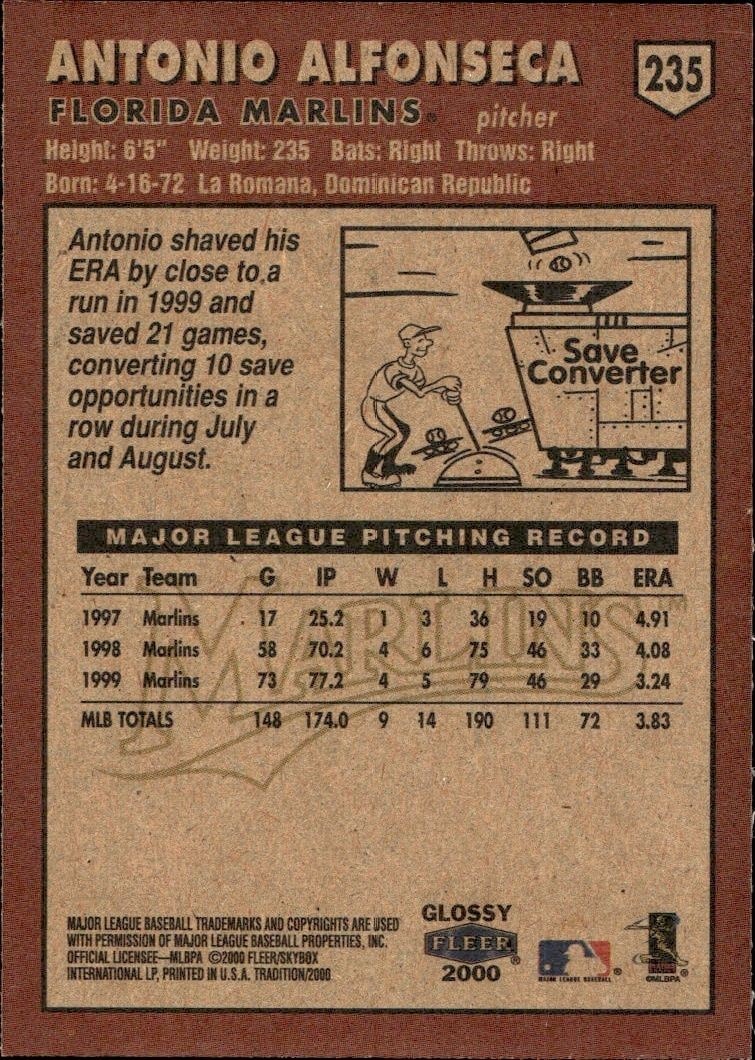 2000 Fleer Tradition Glossy Antonio Alfonseca #235 baseball trading card back