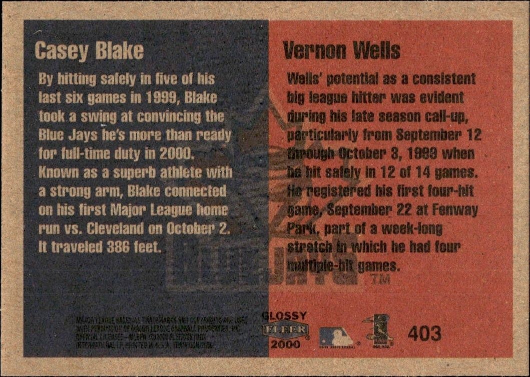 2000 Fleer Tradition Glossy Casey Blake #403 baseball trading card back