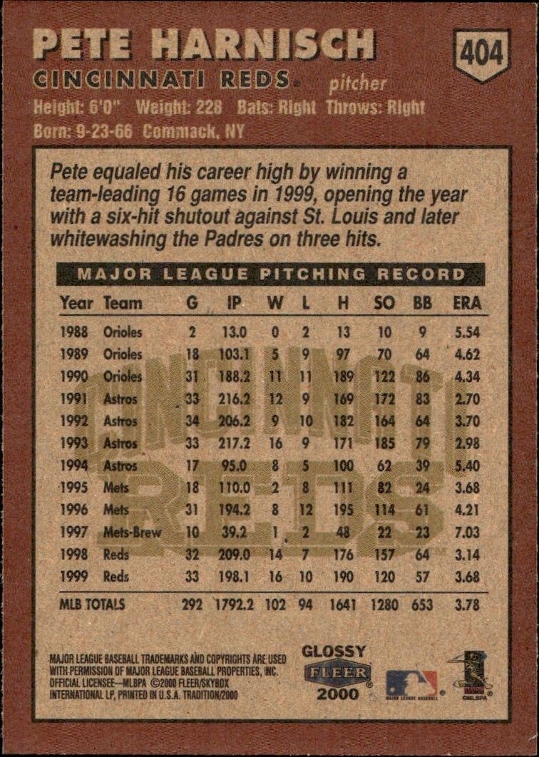 2000 Fleer Tradition Glossy Pete Harnisch #404 baseball trading card back