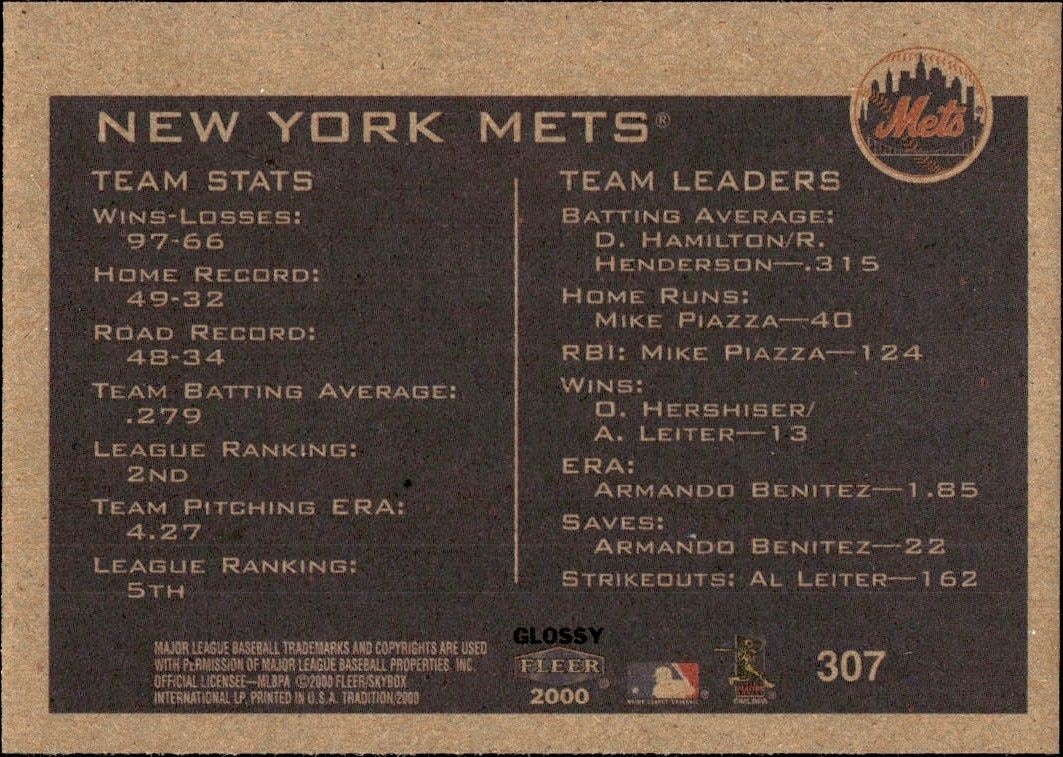 2000 Fleer Tradition Glossy New York Mets #307 baseball trading card back