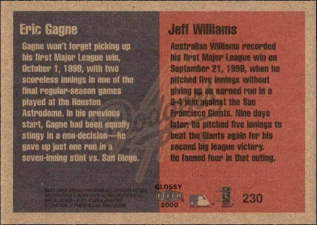 2000 Fleer Tradition Glossy Eric Gagne #230 baseball trading card back