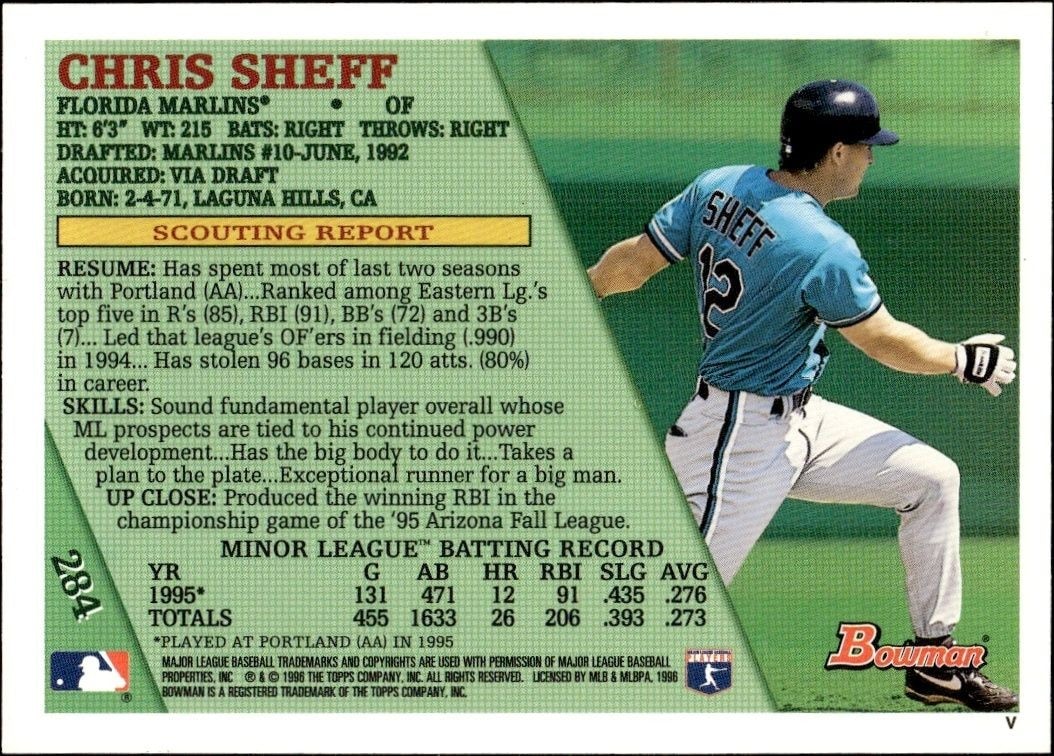 1996 Bowman Chris Sheff #284 baseball trading card back