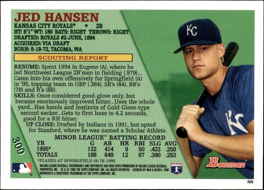 1996 Bowman Jed Hansen #300 baseball trading card back