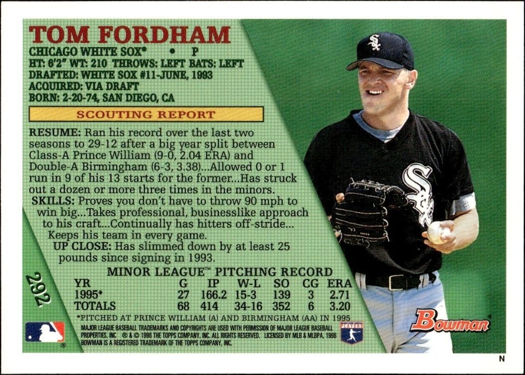 1996 Bowman Tom Fordham #292 baseball trading card back