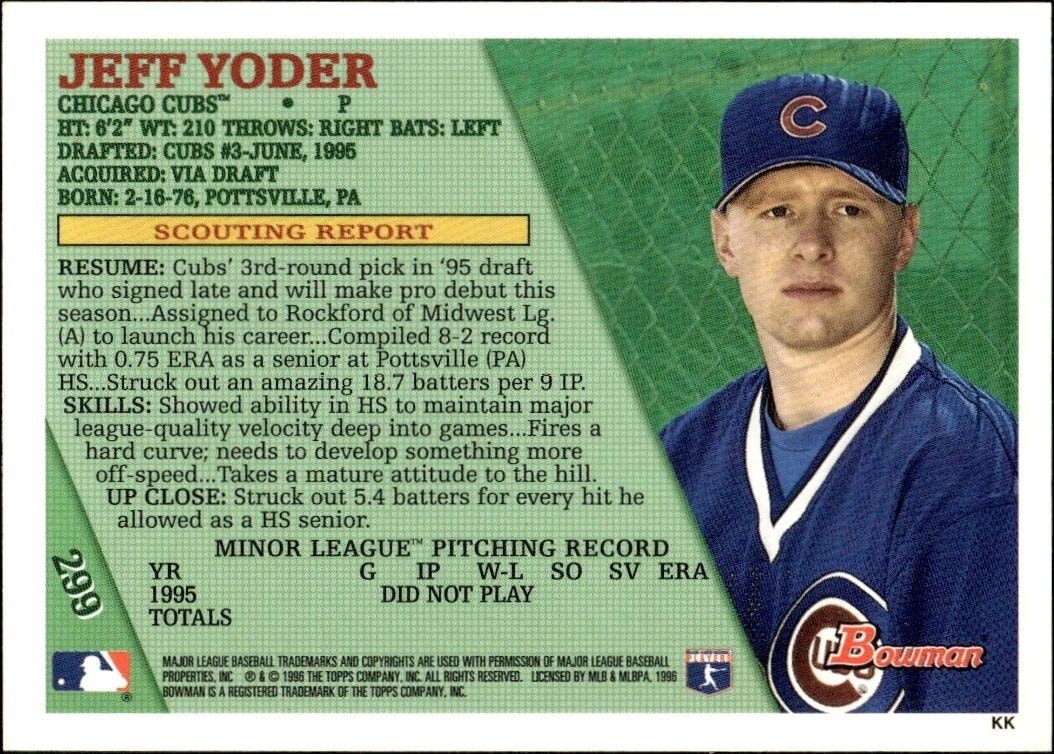 1996 Bowman Jeff Yoder #299 baseball trading card back