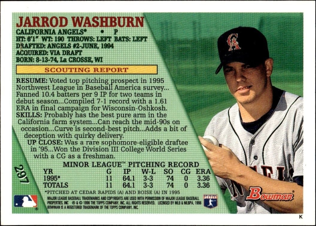 1996 Bowman Jarrod Washburn #297 baseball trading card back