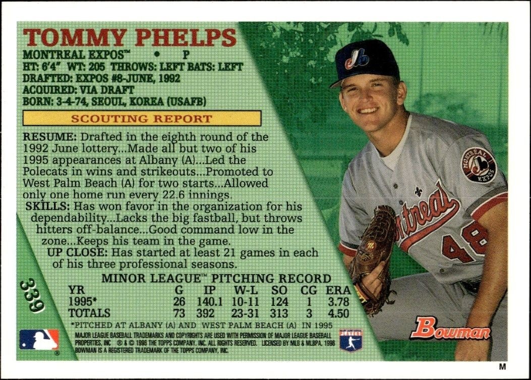 1996 Bowman Tommy Phelps #339 baseball trading card back