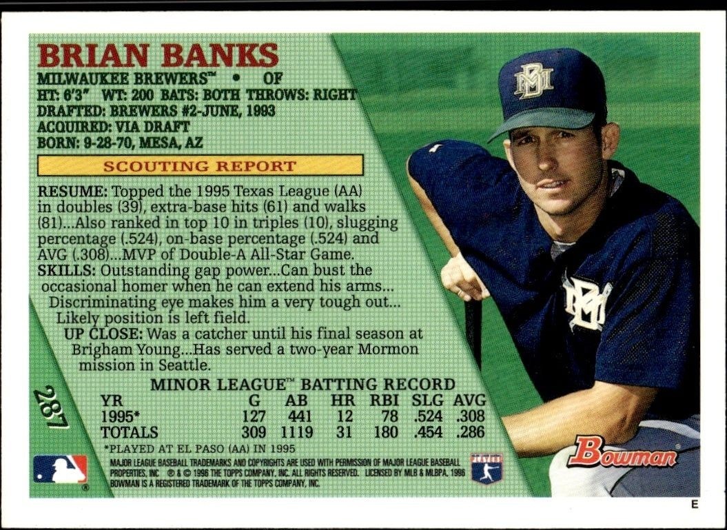1996 Bowman Brian Banks #287 baseball trading card back