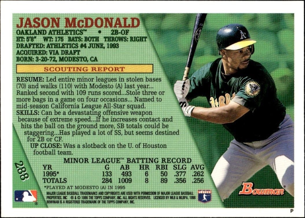 1996 Bowman Jason McDonald #288 baseball trading card back