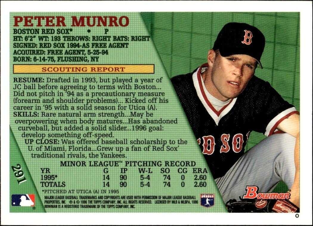 1996 Bowman Pete Munro #291 baseball trading card back