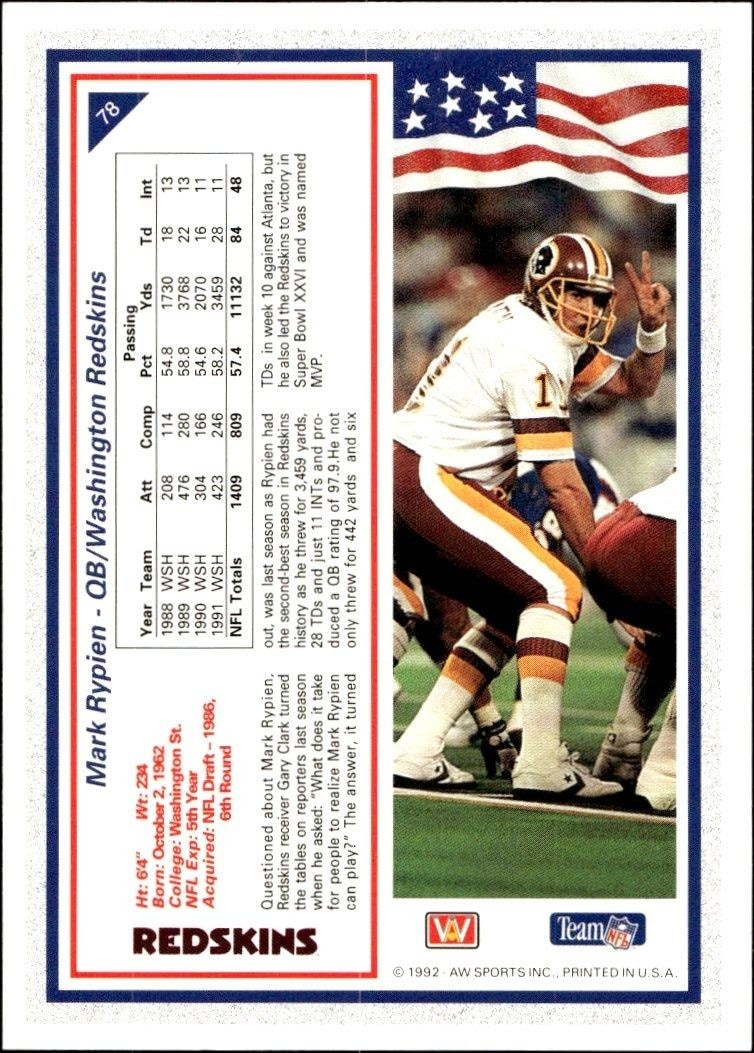 1992 AW Sports All World Mark Rypien #78 football trading card back