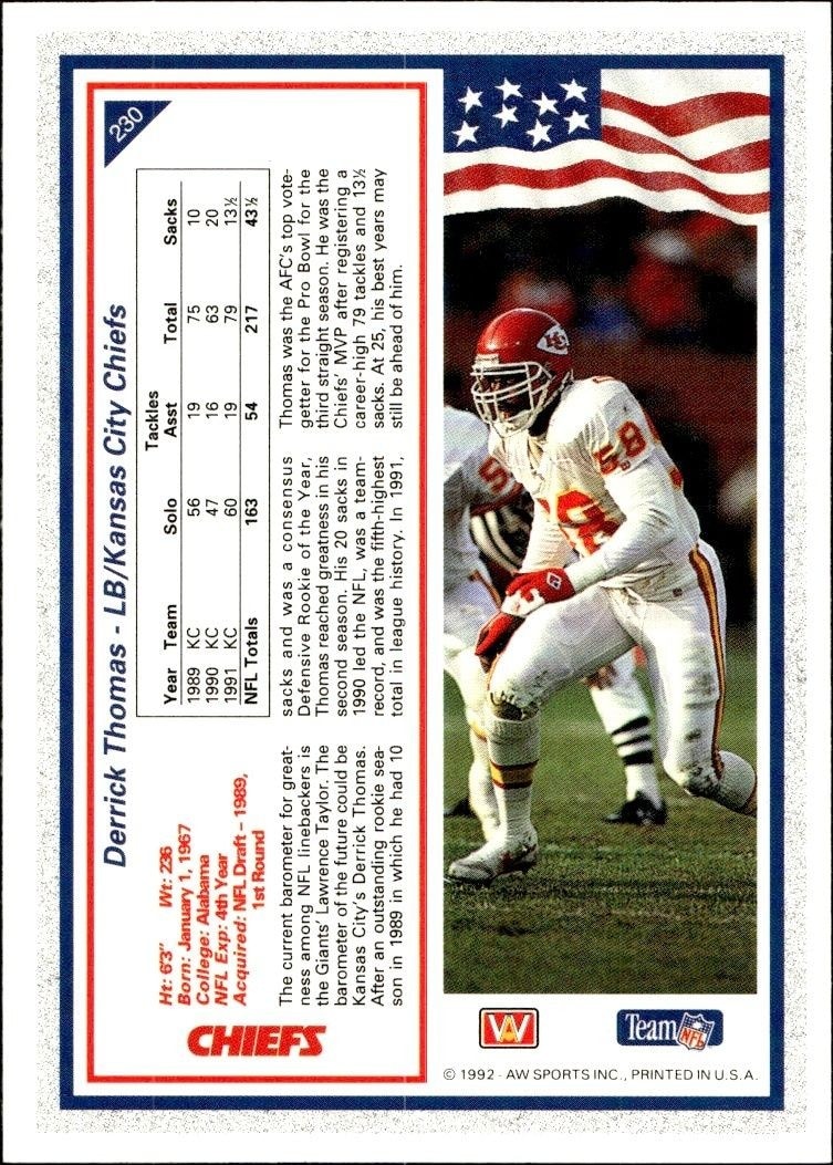 1992 AW Sports Team NFL Derrick Thomas #230 football trading card back