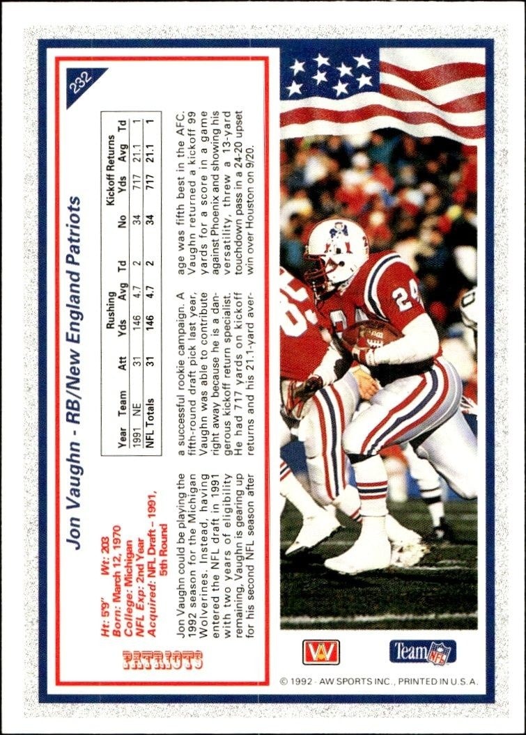 1992 AW Sports Team NFL Jon Vaughn #232 football trading card back