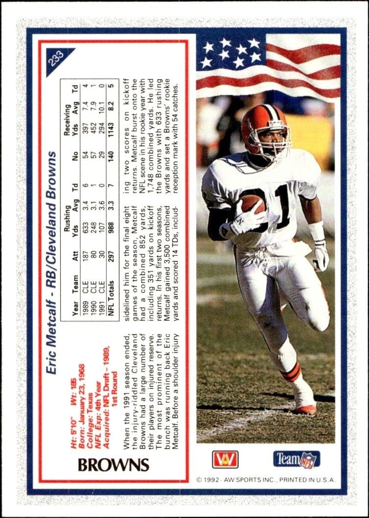 1992 AW Sports Team NFL Eric Metcalf #233 football trading card back