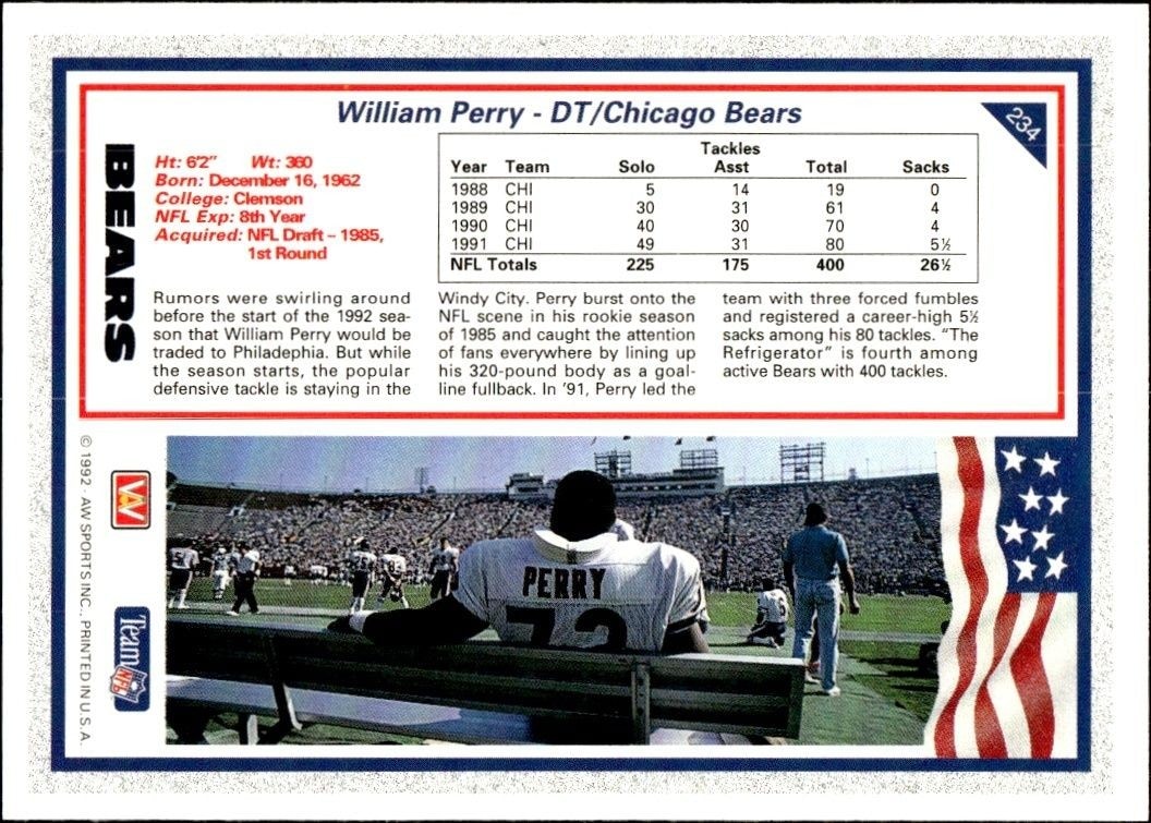 1992 AW Sports Team NFL William Perry #234 football trading card back