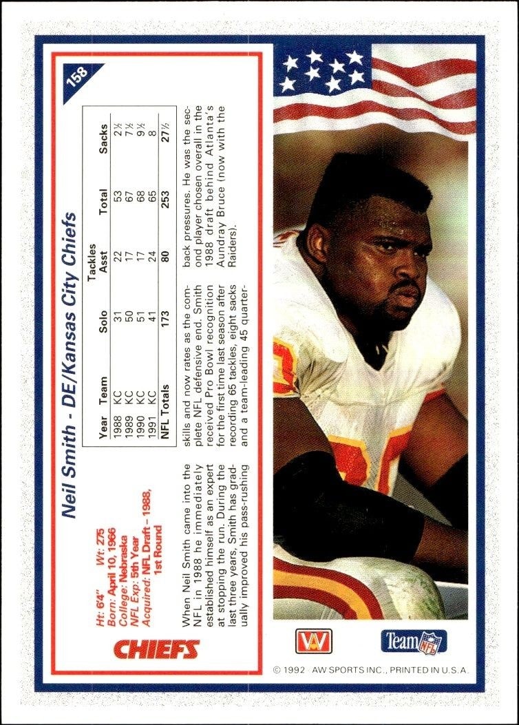 1992 AW Sports Team NFL Neil Smith #158 football trading card back