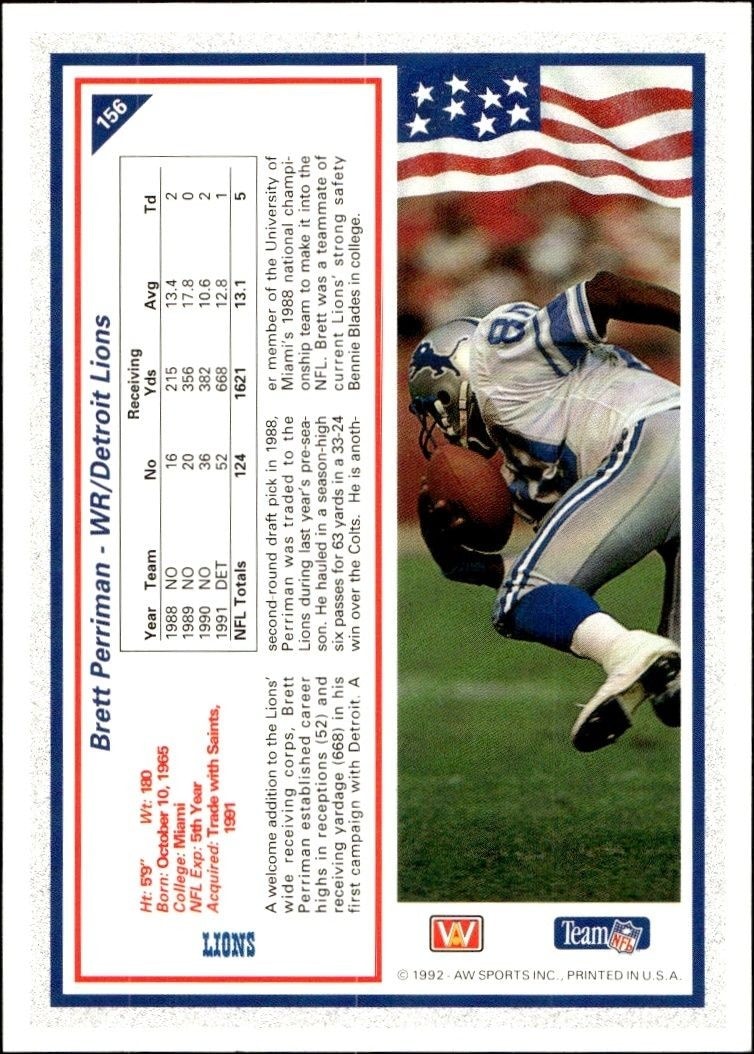 1992 AW Sports Team NFL Brett Perriman #156 football trading card back