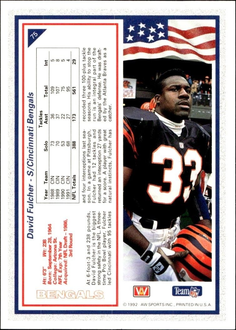 1992 AW Sports Team NFL David Fulcher #75 football trading card back