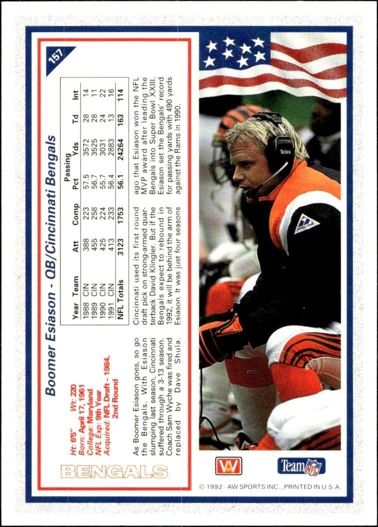 1992 AW Sports Team NFL Boomer Esiason #157 football trading card back