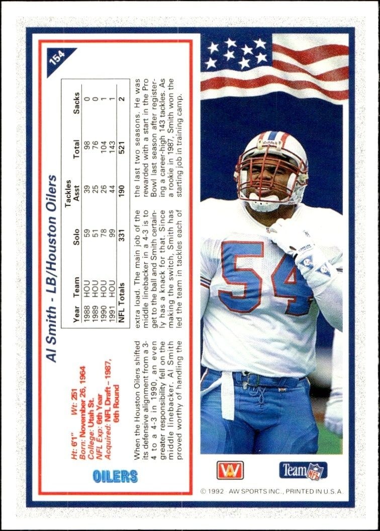1992 AW Sports Team NFL Al Smith #154 football trading card back