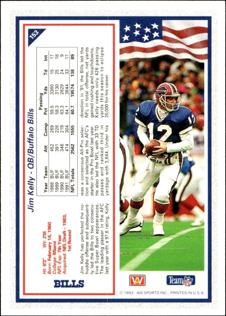1992 AW Sports Team NFL Jim Kelly #153 football trading card back