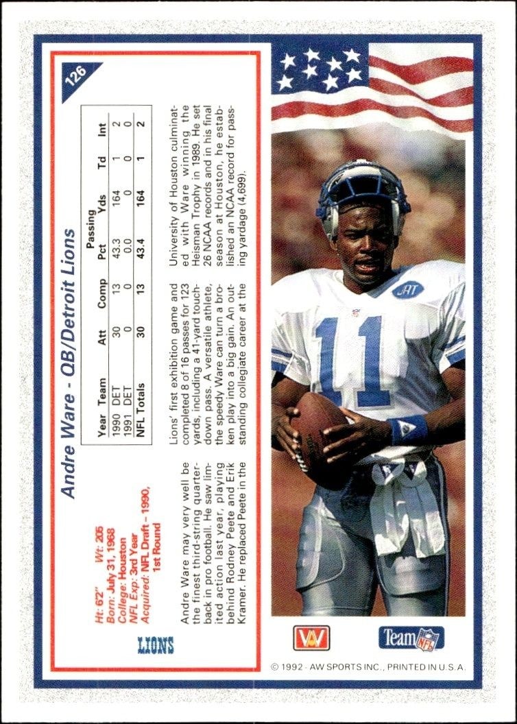 1992 AW Sports Team NFL Andre Ware #126 football trading card back