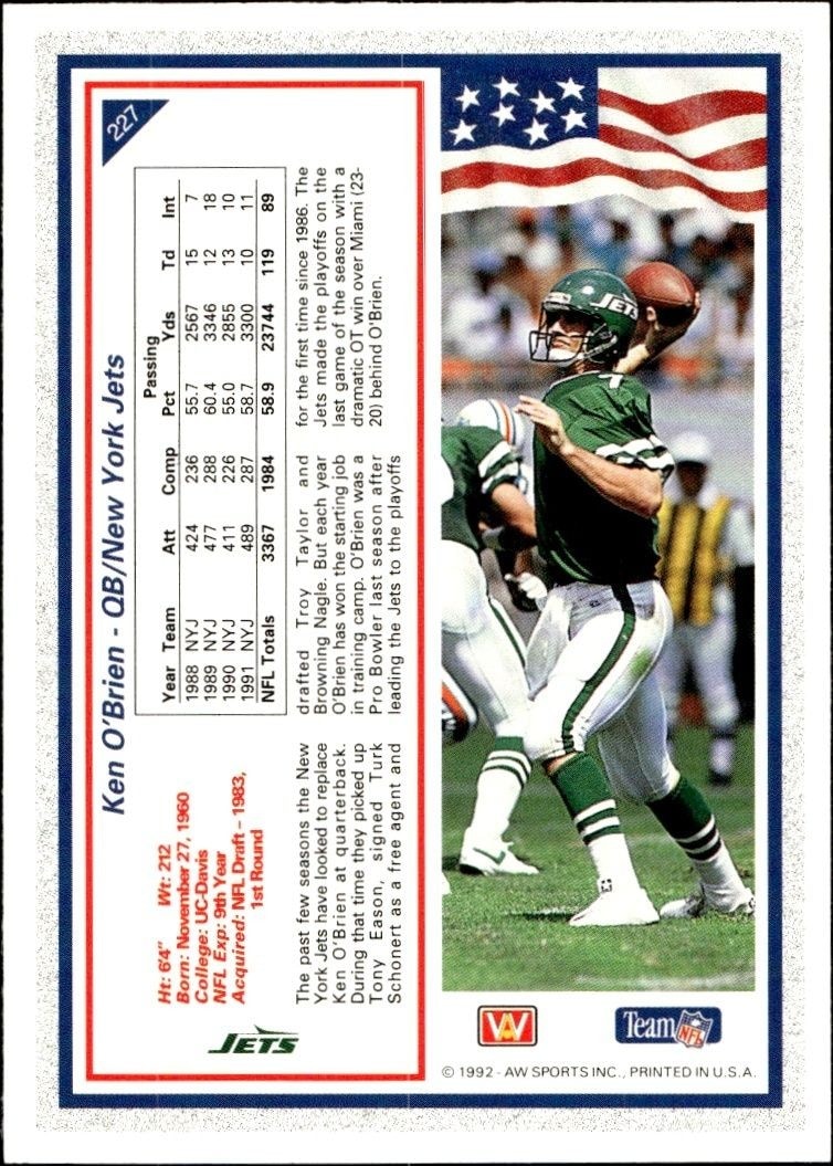 1992 AW Sports Team NFL Ken O'Brien #227 football trading card back