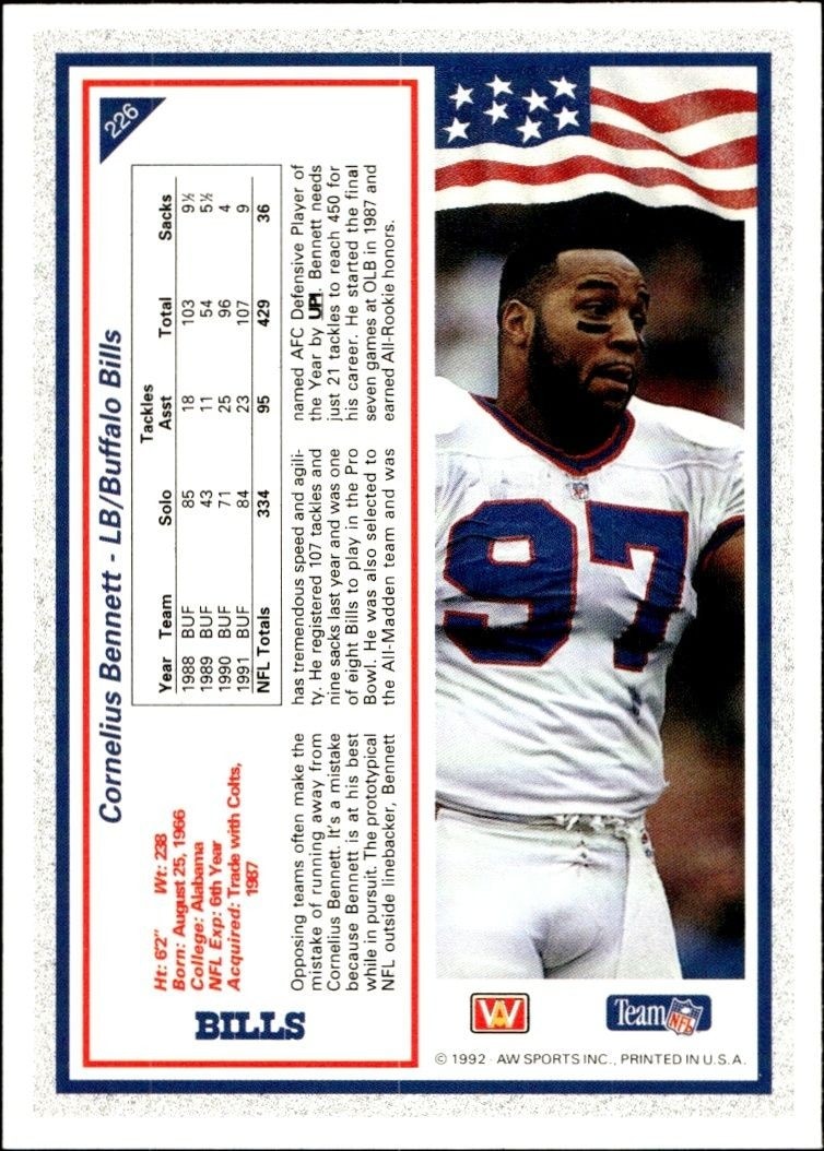 1992 AW Sports Team NFL Cornelius Bennett #226 football trading card back
