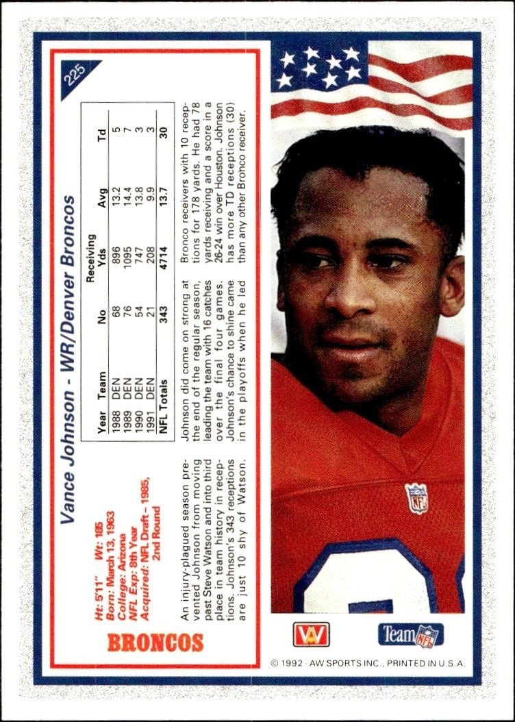1992 AW Sports Team NFL Vance Johnson #225 football trading card back