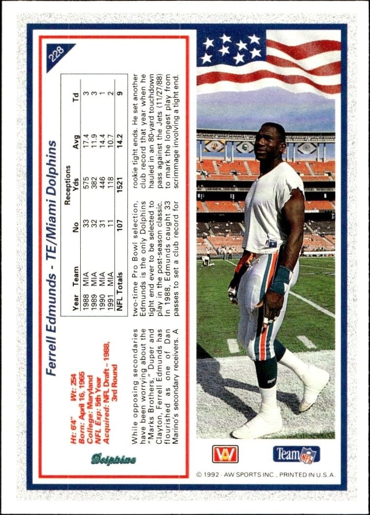 1992 AW Sports Team NFL Ferrell Edmunds #228 football trading card back