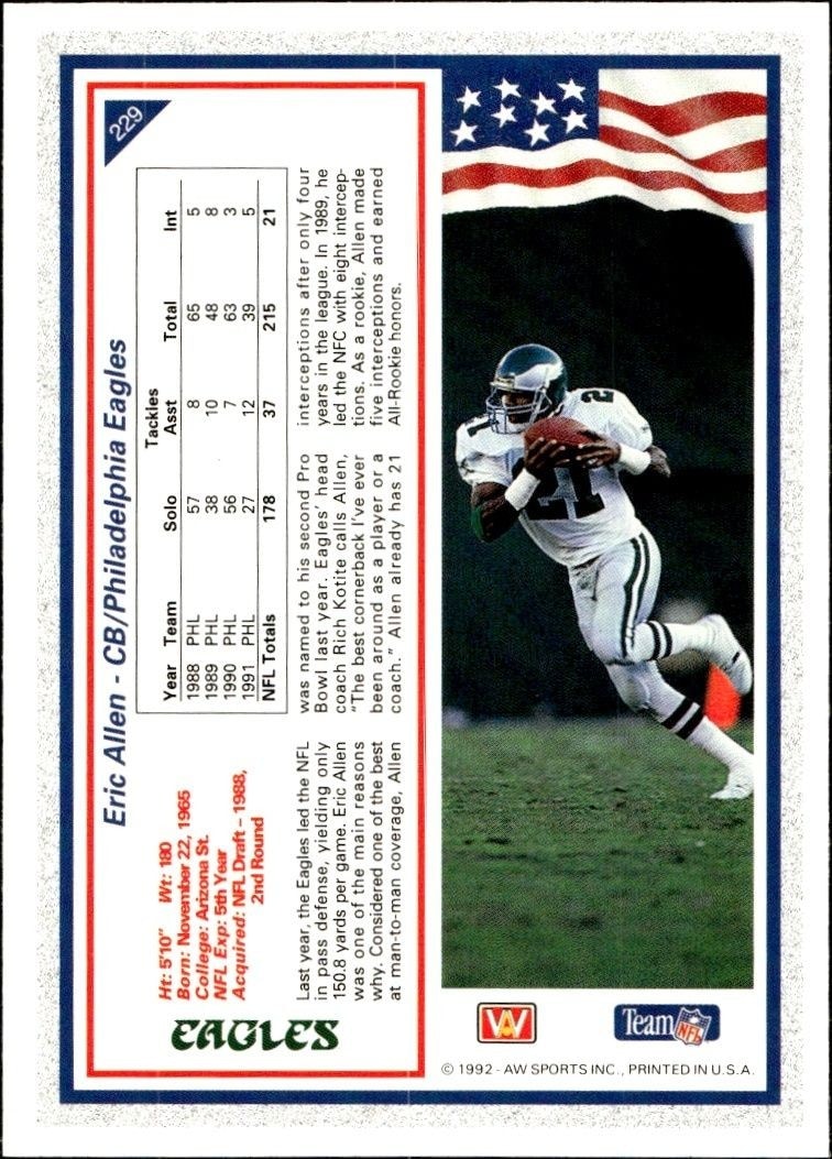 1992 AW Sports Team NFL Eric Allen #229 football trading card back