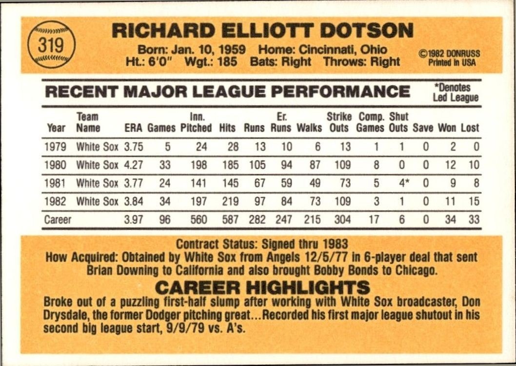 1983 Donruss Richard Dotson #319 baseball trading card back