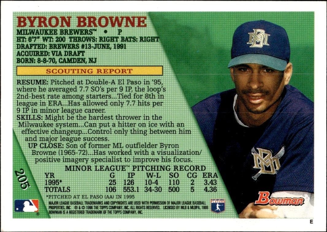 1996 Bowman Byron Browne #205 baseball trading card back