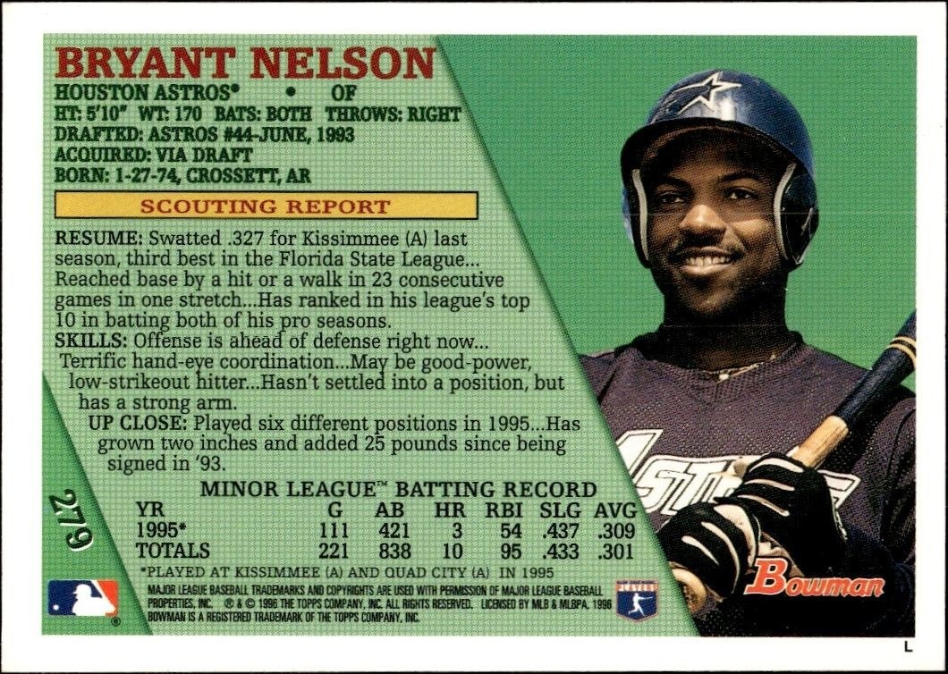 1996 Bowman Bryant Nelson #279 baseball trading card back
