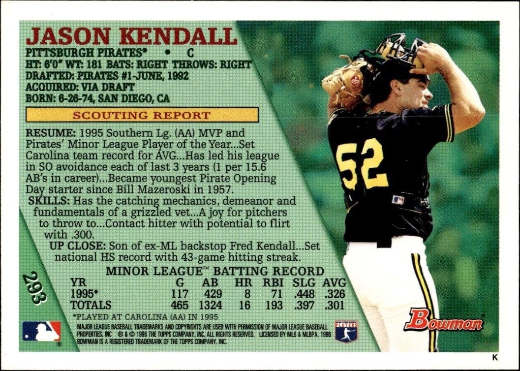1996 Bowman Jason Kendall #293 baseball trading card back