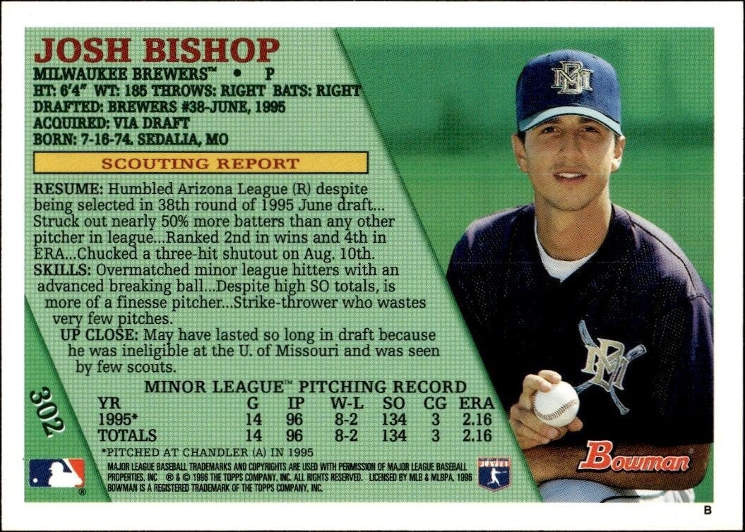 1996 Bowman Josh Bishop #302 baseball trading card back